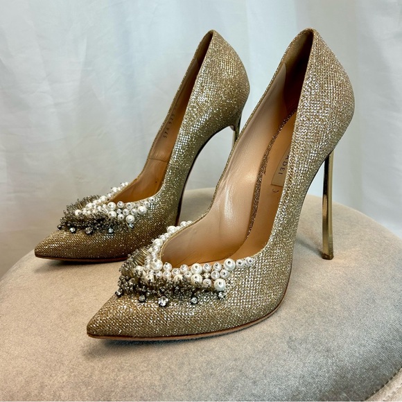 Casadei gold glitter stiletto blade high heel pumps 10 pearl beads rhinestones - Picture 4 of 11